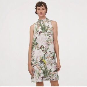 H&M satin floral and bird print tie-back shift dress